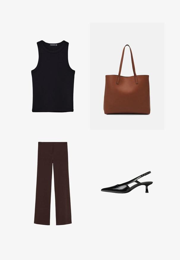 Sort tank top lavet af bomuld, med rund halsudskæring og brede armhuller. Glat tekstur med syede kanter. Klassisk, minimalistisk design.; Brune vide benbukser lavet af et strækbart materiale. Har en glat overflade og et enkelt, rent design uden yderligere udsmykninger.; Sorte patentlæder slingback hæle med spids tå, udskåret sideskærm og en lille firkantet hæl. Glat tekstur med minimale detaljer.; Brun læder tote taske med en glat overflade, åben topdesign og to skulderremme. Har minimal syning og ingen synlig hardware.
