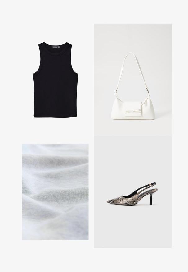 Zwarte tanktop gemaakt van katoen, met een ronde halslijn en brede armopeningen. Gladde textuur met gestikte zomen. Klassiek, minimalistisch ontwerp.; Zacht, lichtgrijs katoenstof met zichtbare fijne breistekstuur en zachte plooien die subtiele schaduwen creëren.; Puntige slingback schoenen van textuur leer met slangenprint, met een slanke zwarte hak en een uitgesneden ontwerp aan de zijkanten.; Witte synthetische handtas met een driehoekige vorm, platte voorklep en strikdetail, verstelbare schouderriem, gladde textuur en minimalistisch ontwerp.