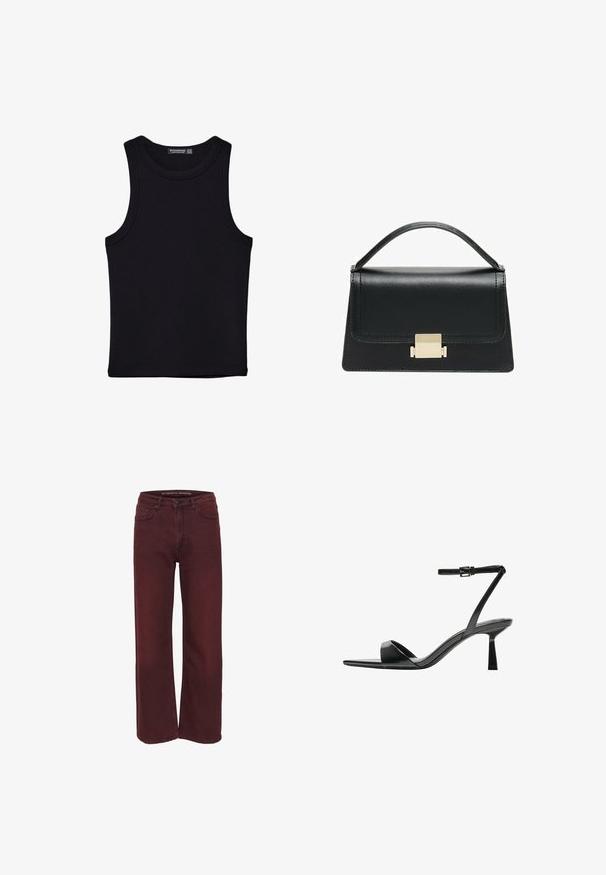 Črna majica brez rokavov iz bombaža, z okroglim izrezom in širokimi odprtinami za roke. Gladka tekstura s šivi na robovih. Klasičen, minimalističen dizajn.; Bordo široke traperice iz denima, s zapiranjem na gumb i dizajnom s pet džepova; glatka tekstura s suptilnom varijacijom boje.; Bershka Sandali z visoko peto - black; Črna usnjena torbica z strukturiranim dizajnom, zgornjim ročajem in zlate kovinske sponke na sprednji strani. Gladka tekstura, minimalno šivanje.