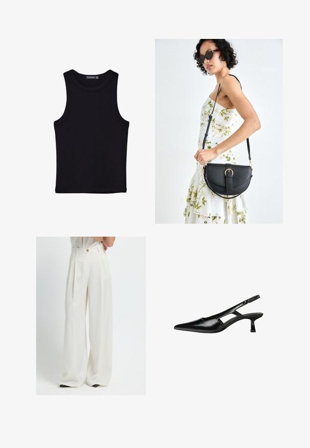 Sort tank top lavet af bomuld, med rund halsudskæring og brede armhuller. Glat tekstur med syede kanter. Klassisk, minimalistisk design.; Bredde benbukser i hvidt stof, med høj talje, frontfolder og en guldknaplukning. Glat tekstur med en skræddersyet pasform.; Sorte patentlæder slingback hæle med spids tå, udskåret sideskærm og en lille firkantet hæl. Glat tekstur med minimale detaljer.; Sort læderhåndtaske med en buet form, aftagelig rem og guldfinish. Tasken har en klap med en spænde detalje.