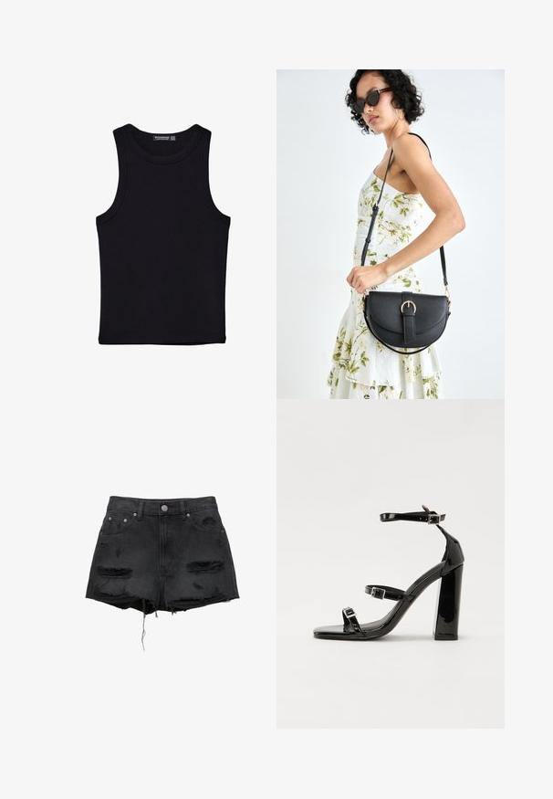 Czarny top na ramionczkach wykonany z bawełny, z okrągłym dekoltem i szerokimi wycięciami na ramionach. Gładka tekstura z przeszytymi brzegami. Klasyczny, minimalistyczny design.; Czarne szorty dżinsowe z postrzępionymi brzegami, zniszczonymi łatami, z przednim zapięciem na guzik oraz pięcioma kieszeniami. Klasyczny krój w wysokim stanie.; Czarne lakierowane sandały na wysokim obcasie, z dwoma paskami zapinanymi na klamry, kwadratowy nosek i masywny obcas typu słupek, o gładkiej, błyszczącej fakturze.; Czarna skórzana torebka o zakrzywionym kształcie, z odpinanym paskiem i złotymi akcentami. Torebka posiada klapę z zapięciem w kształcie klamry.