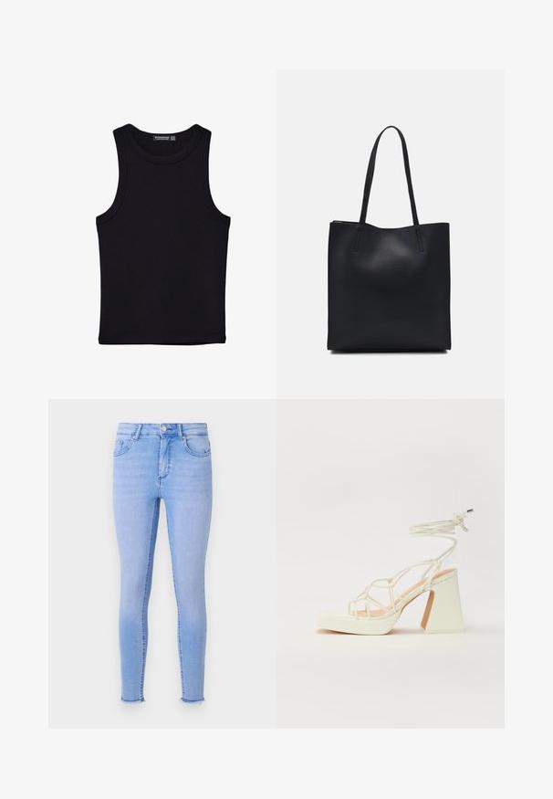 Črna majica brez rokavov iz bombaža, z okroglim izrezom in širokimi odprtinami za roke. Gladka tekstura s šivi na robovih. Klasičen, minimalističen dizajn.; Svetlo modre ozke traperice iz denima, z visokim pasom, petimi žepi in rahlo strganim robom na gležnjih.; Bela sandala na visokih petah s debelim petam, ki ima obliko trakcev in vezanje okoli gležnja. Gladka tekstura z platformo spredaj za dodatno višino.; Črna usnjena torba s svilnato teksturo, pravokotne oblike in dvema dolgima ročajema. Brez vidnih metalnih delov ali okrasnih elementov.