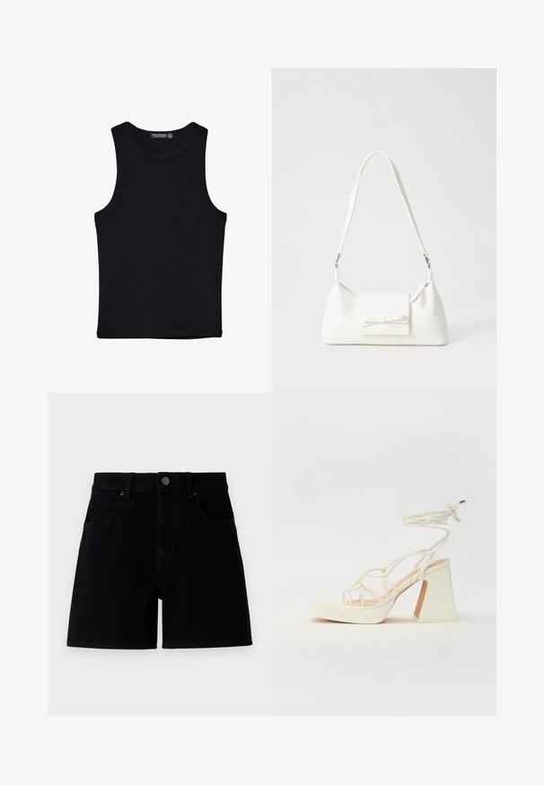 Črna majica brez rokavov iz bombaža, z okroglim izrezom in širokimi odprtinami za roke. Gladka tekstura s šivi na robovih. Klasičen, minimalističen dizajn.; Črne denim kratke hlače z srednjim pasom, zasnovo s petimi žepi in kovinskim zapiranjem. Imajo čisto, gladko teksturo in raven kroj.; Bela sandala na visokih petah s debelim petam, ki ima obliko trakcev in vezanje okoli gležnja. Gladka tekstura z platformo spredaj za dodatno višino.; Bela sintetična torbica v obliki trikotnika, z ravnim sprednjim poklopcem in detajlom mašne, nastavljivim trakom, gladko teksturo in minimalističnim dizajnom.