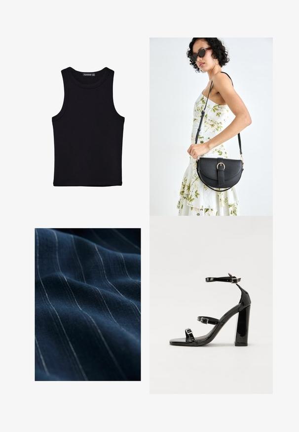 Svart linne i bomull, med rund halsringning och breda armhål. Slät yta med sydda fållar. Klassisk, minimalistisk design.; Marinblått tyg med fina vita vertikala ränder, som visar en slät textur och lätt glans, vikt för att framhäva dess drapering och mjukhet.; Svarta lackerade högklackade sandaler med två spännband, fyrkantig tå och en tjock klack, med en slät och glansig yta.; Svart läderhandväska med en böjd form, avtagbar rem och guldiga detaljer. Väskan har ett lock med en spänndetalj.