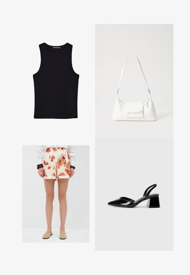 Schwarzes Tanktop aus Baumwolle mit rundem Halsausschnitt und weiten Armöffnungen. Glatte Textur mit genähten Säumen. Klassisches, minimalistisches Design.; Blumen-Shorts in Creme mit roten und orangefarbenen Mustern, mit Falten an der Vorderseite und umgeschlagenen Säumen, aus leichtem Stoff gefertigt.; Schwarze Lackleder-Slingback-High Heels mit spitzem Schuh und einem geometrischen Blockabsatz. Verfügt über ein schlankes, minimalistisches Design und eine glatte Textur.; Weiße synthetische Handtasche in dreieckiger Form, flache Vorderklappe und Schleifendetail, verstellbarer Trageriemen, glatte Textur und minimalistisches Design.