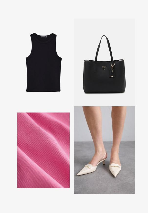 Črna majica brez rokavov iz bombaža, z okroglim izrezom in širokimi odprtinami za roke. Gladka tekstura s šivi na robovih. Klasičen, minimalističen dizajn.; Roza bombažna tkanina z gladko teksturo, ki prikazuje diagonalni pregib, ki razkriva vzorec tkanja in enotno obarvanost po celotni površini.; Kremne barve slingback pete z ostrim nosom in ozkim srednjim peto, ki jih krasi zlat verižni naglas na vampu in gladka usnjena tekstura.; Črna torba iz teksturiranega sintetičnega materiala, opremljena z dvema ročajoma, z zlatim logotipom in majhno oznako z detajlom v kontrastni barvi.