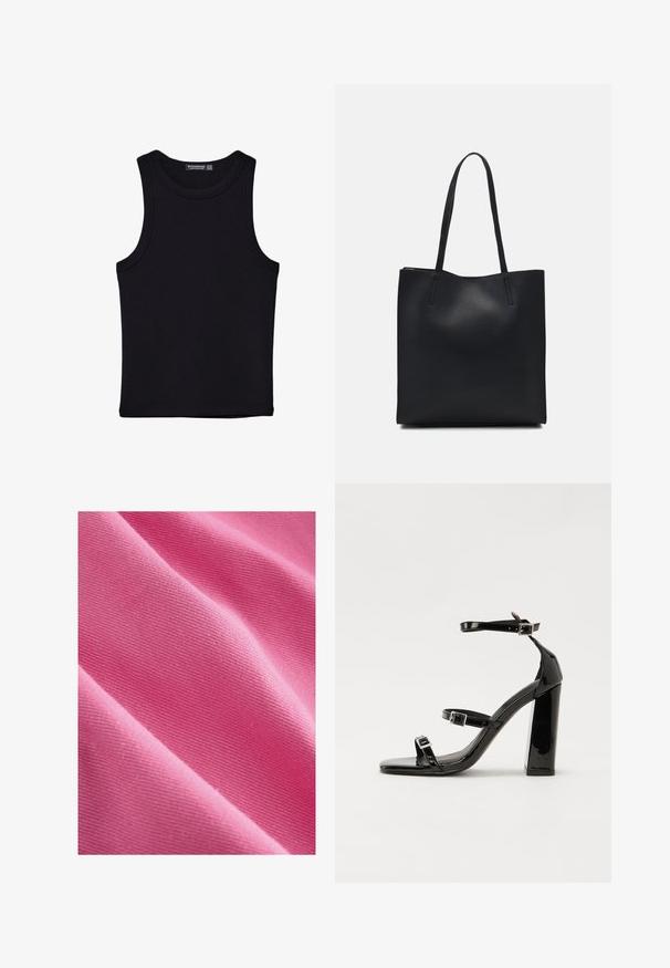 Schwarzes Tanktop aus Baumwolle mit rundem Halsausschnitt und weiten Armöffnungen. Glatte Textur mit genähten Säumen. Klassisches, minimalistisches Design.; Rosa Baumwollstoff mit glatter Textur, der eine diagonale Faltung zeigt und das Webmuster sowie die gleichmäßige Färbung durchscheinen lässt.; Schwarze patentierte Sandalen mit Absatz, quadratischer Spitze, Knöchelriemen und silbernen Schnallen. Mit einem stabilen Blockabsatz für mehr Stabilität.; Schwarze Laptoptasche aus Leder mit glatter Textur, rechteckiger Form und zwei langen Griffen. Keine sichtbaren Beschläge oder Verzierungen.