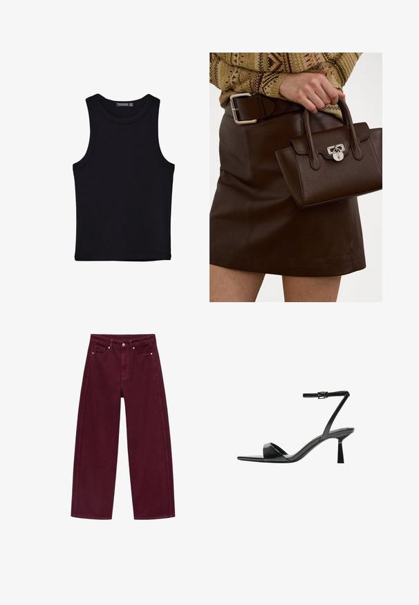 Črna majica brez rokavov iz bombaža, z okroglim izrezom in širokimi odprtinami za roke. Gladka tekstura s šivi na robovih. Klasičen, minimalističen dizajn.; Burgundske široke hlače iz jeansa, izdelane iz bombažnega denima, z zasnovo štirih žepov in kovinskim gumbom za zapiranje ter usklajenim šivom.; Bershka Sandali z visoko peto - black; Brahno usnjeni torbici z teksturirano površino in srebrnim okovjem, ki jo drži roka ob rjavem usnjenem krilu in vzorčastem puloverju.