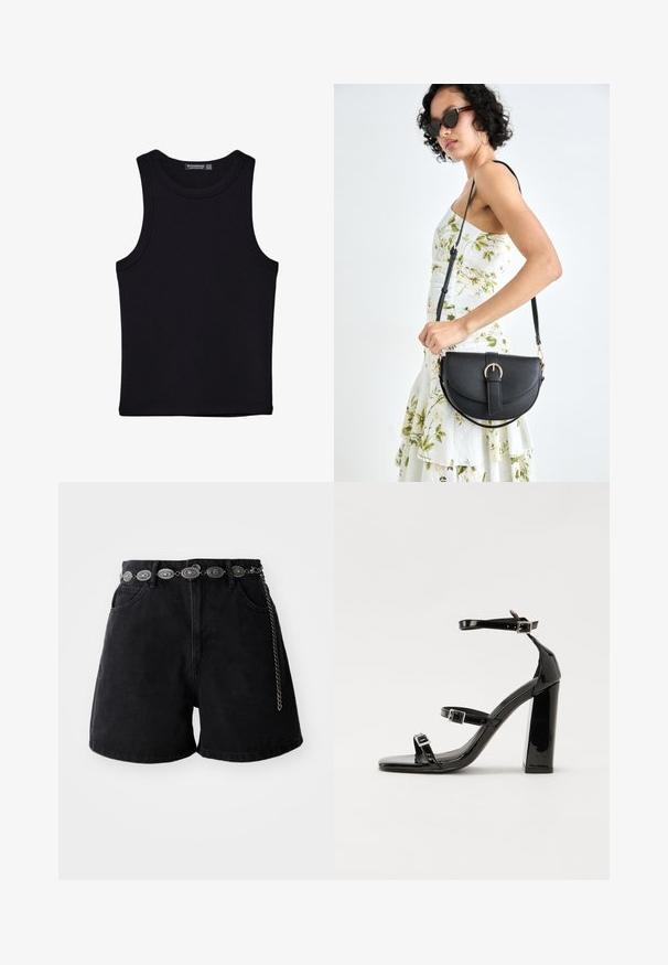 Crni top bez rukava od pamuka, s okruglim izrezom i širokim izrezima za ruke. Glatka tekstura s ušivenim rubovima. Klasičan, minimalistički dizajn.; Crne traperice kratke hlače s visokim strukom, prednjim džepovima i dekorativnim srebrnim lančićem s ovalnim detaljima. Glatka tekstura.; Crne lakirane sandale na visoku petu s dva remena s kopčama, kvadratnim vrhom i masivnom blok petom, s glatkom, sjajnom teksturom.; Crna kožna torba s lukovitim oblikom, odvojivim remenom i zlatnim detaljima. Torba ima preklop s kopčom.