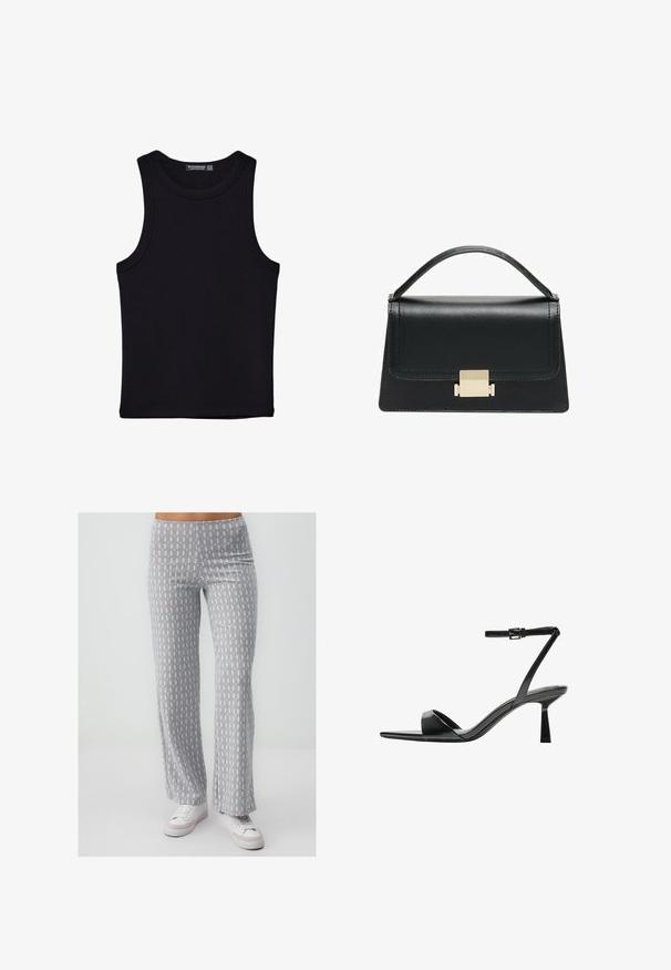 Zwarte tanktop gemaakt van katoen, met een ronde halslijn en brede armopeningen. Gladde textuur met gestikte zomen. Klassiek, minimalistisch ontwerp.; Grijze patroonbrede broek met een zachte textuur, voorzien van een repetitief lichtblauw en bruin ontwerp. Gecombineerd met witte sneakers.; Bershka Sandalen met hoge hak - black; Zwarte lederen handtas met een gestructureerd ontwerp, bovenhandgreep en een gouden metalen sluitingdetails aan de voorkant. Gladde textuur, minimale stiksels.