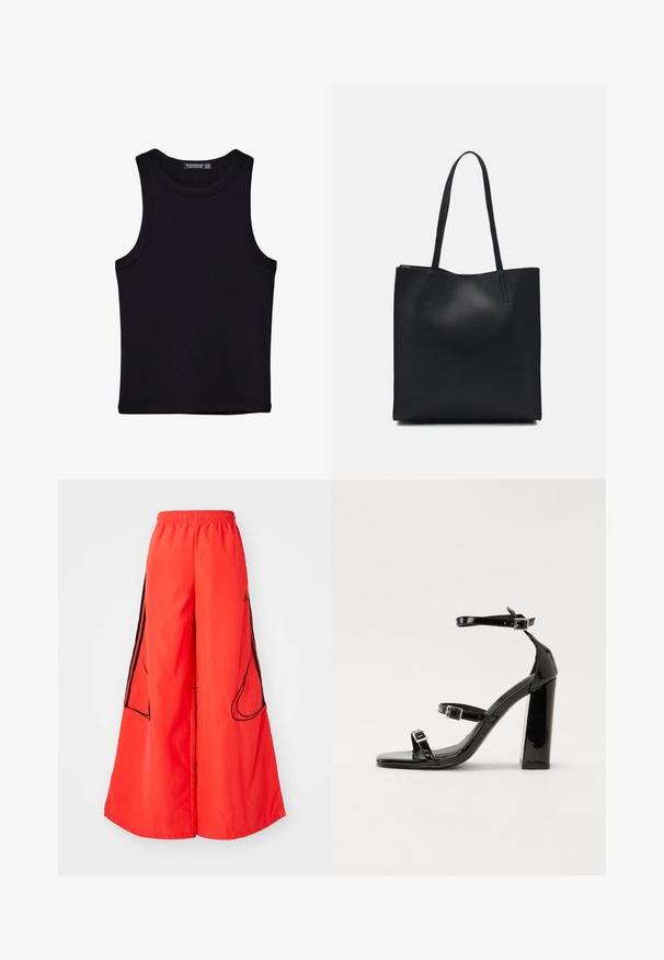 Črna majica brez rokavov iz bombaža, z okroglim izrezom in širokimi odprtinami za roke. Gladka tekstura s šivi na robovih. Klasičen, minimalističen dizajn.; Rdeče široke hlače imajo elastičen pas, kontrastne črne stranske proge in dve zunanjosti žepi s poševnimi odprtinami.; Črne lakirane sandale s peto, kvadratnim prstom, trakovi okrog gležnja in srebrnimi zaponkami. Opremljene so s stabilno Debelo peto.; Črna usnjena torba s svilnato teksturo, pravokotne oblike in dvema dolgima ročajema. Brez vidnih metalnih delov ali okrasnih elementov.