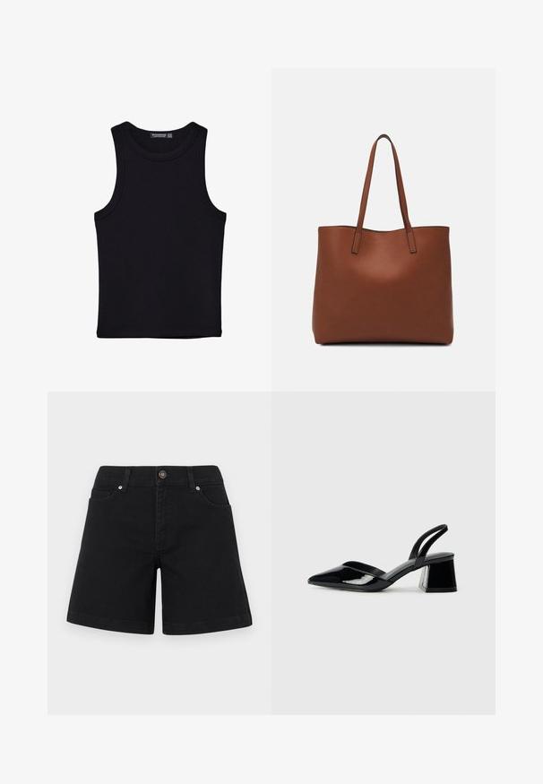 Crni top bez rukava od pamuka, s okruglim izrezom i širokim izrezima za ruke. Glatka tekstura s ušivenim rubovima. Klasičan, minimalistički dizajn.; Crne traper šortse s ravnim krojem, prednjim džepovima i kopčanjem na gumu u struku. Glatka tekstura i minimalistički stil.; Crne lakirane kožne sandale s otvorenom petom i špicastim vrhom, s geometrijskom blok petom. Imaju elegantan, minimalistički dizajn i glatku teksturu.; Smeđa kožna torba preko ramena s glatkom teksturom, otvorenim vrhom i dvjema naramenicama. Ima minimalne šavove i nema vidljivog hardvera.