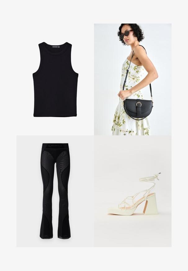 Čierny tank top vyrobený z bavlny, s okrúhlym výstrihom a širokými ramienkami. Hladká textúra so zošitými okrajmi. Klasický, minimalistický dizajn.; Čierne sieťované legíny s rozšírením, s textúrovanými detailmi a vzorovanými vkladmi. Majú vysoký pás s logom značky na vrchu.; Biele sandále na vysokom opätku s hrubým podpätkom, s pruhovaným dizajnom a viazaním na členku. Hladký povrch s platformou vpredu pre zvýšenú výšku.; Čierna kožená kabelka s zaobleným tvarom, odnímateľným popruhom a zlatými doplnkami. Kabelka má klopu s detailom s prackou.