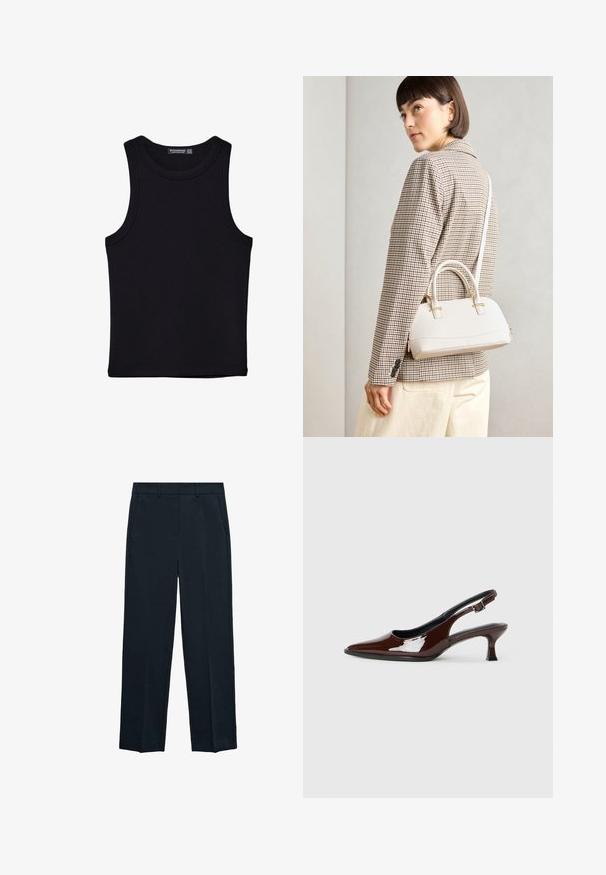 Čierny tank top vyrobený z bavlny, s okrúhlym výstrihom a širokými ramienkami. Hladká textúra so zošitými okrajmi. Klasický, minimalistický dizajn.; Námornícke modré nohavice s rovnou nohou, plochým predným dielom, dvoma bočnými vreckami a hladkou textúrou. Žiadne viditeľné vzory alebo akcenty.; Hnedá lakovaná slingback obuv s špicatou špičkou a mierne vysokým opätkom. Obsahuje pracku pre bezpečné upevnenie. Hladká textúra.; Biela štruktúrovaná kabelka s krátkymi rúčkami a ramenným popruhom, s zlatými kovovými prvkami a textúrovaným materiálom, vystavená na šedom pozadí.