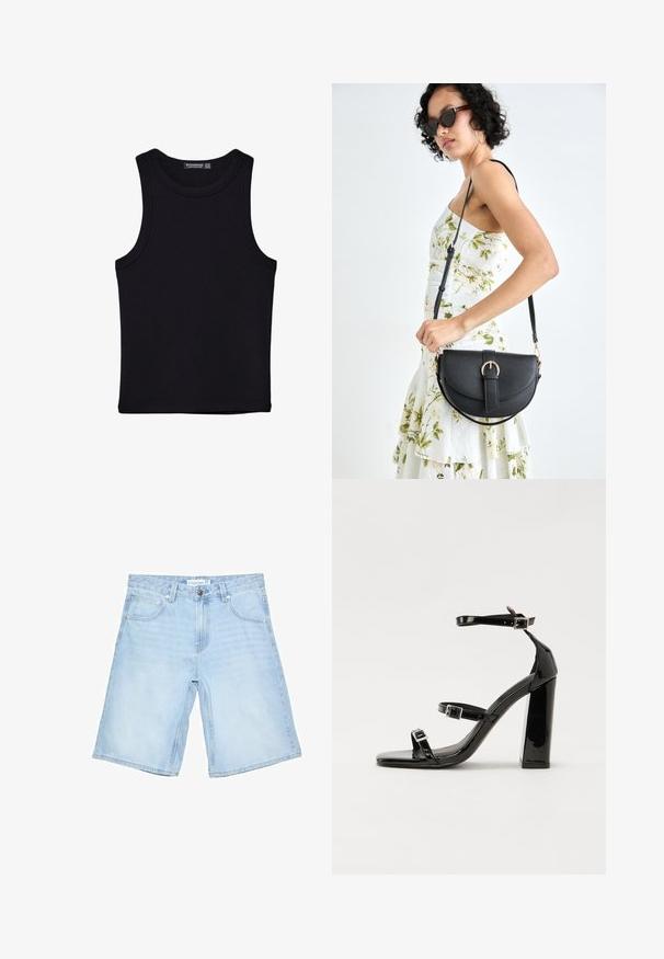 Schwarzes Tanktop aus Baumwolle mit rundem Halsausschnitt und weiten Armöffnungen. Glatte Textur mit genähten Säumen. Klassisches, minimalistisches Design.; Hellblaue Jeansshorts mit einer lockeren, knielangen Passform. Verfügt über fünf Taschen und einen Frontverschluss mit Knopf. Die Verarbeitung umfasst genähte Nähte.; Schwarze patentierte Sandalen mit Absatz, quadratischer Spitze, Knöchelriemen und silbernen Schnallen. Mit einem stabilen Blockabsatz für mehr Stabilität.; Schwarze Lederhandtasche mit geschwungener Form, abnehmbarem Tragegurt und goldenen Beschlägen. Die Tasche verfügt über einen Deckel mit einer Schnallen-Details.