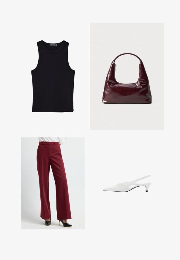 Czarny top na ramionczkach wykonany z bawełny, z okrągłym dekoltem i szerokimi wycięciami na ramionach. Gładka tekstura z przeszytymi brzegami. Klasyczny, minimalistyczny design.; Burgundowe spodnie z szerokimi nogawkami o gładkiej fakturze, z wysokim stanem i plisami z przodu, w połączeniu z czarnymi szpilkami.; Biała szpilka na odkrytej pięcie z ostrym noskiem, charakteryzująca się gładką cholewką, subtelnymi wycięciami i niskim obcasem w kształcie bloku. Czarna podeszwa podkreśla design.; Bordowa skórzana torebka o błyszczącym wykończeniu, z okrągłym uchwytem i zamkiem błyskawicznym na górze; charakteryzuje się eleganckim, minimalistycznym designem.