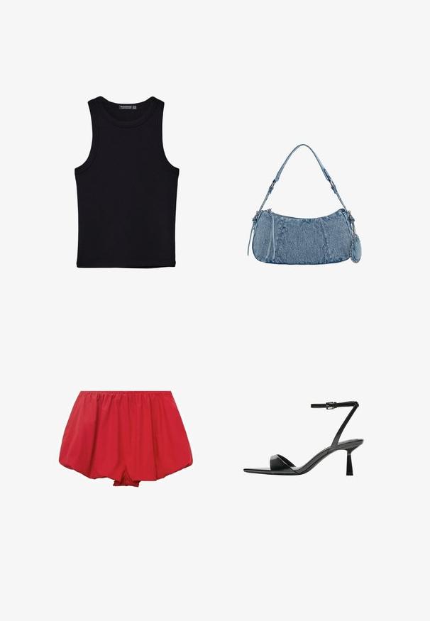 Černý top na ramínka vyrobený z bavlny, s kulatým výstřihem a širokými průramky. Hladká textura s prošitými lemy. Klasický, minimalistický design.; Červené, lehké šortky s elastickým pasem. Mají volný, rozšířený střih a nařasenou tkaninu pro pohodlné nošení.; Bershka Sandály na vysokém podpatku - black; Džínová kabelka s zakřiveným tvarem, světle modré barvy, nastavitelným ramenním popruhem a malou odnímatelnou kapsičkou s metalickými akcenty.
