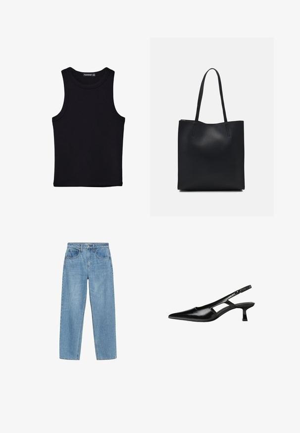 Crni top bez rukava od pamuka, s okruglim izrezom i širokim izrezima za ruke. Glatka tekstura s ušivenim rubovima. Klasičan, minimalistički dizajn.; Svijetloplave traperice ravnog kroja, visokog struka, s dva prednja džepa i klasičnim kopčanjem na gumb. Suptilno izbljedjele i bez ukrasa.; Crne lakirane natikače na remenčić sa špicastim nosom, dizajnom sa izrezima sa strane i malim kvadratnim potplatom. Glatka tekstura s minimalnim akcentima.; Crna kožna torba za nošenje s glatkom teksturom, pravokutnim oblikom i dvije duge ručke. Nema vidljivih metalnih dijelova ili ukrasa.