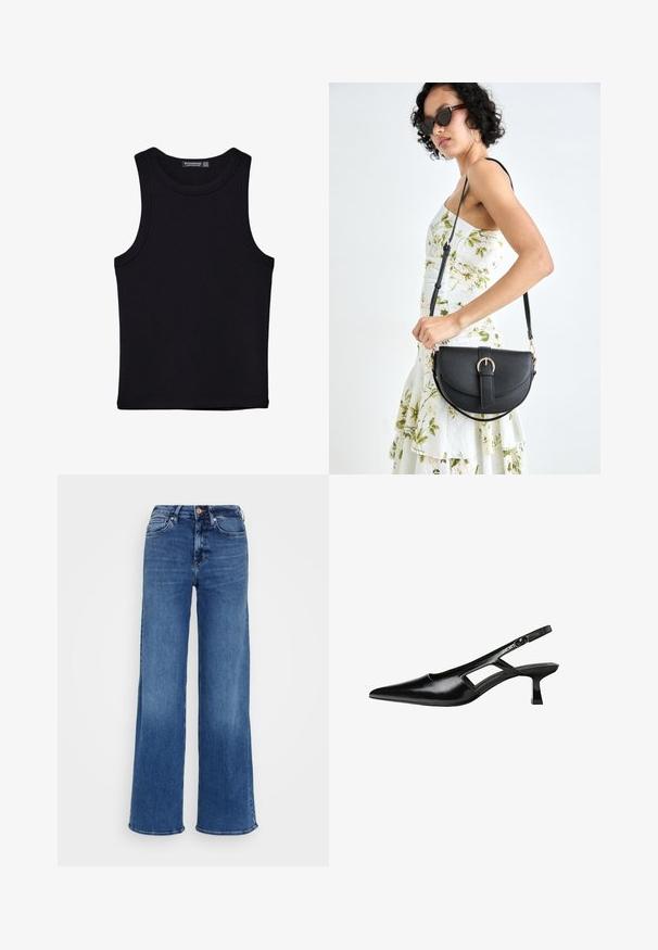 Črna majica brez rokavov iz bombaža, z okroglim izrezom in širokimi odprtinami za roke. Gladka tekstura s šivi na robovih. Klasičen, minimalističen dizajn.; Široke hlače iz modrega jeansa z visokim pasom, petimi žepi in zapiranjem na gumb. Vidni so subtilni učinki bledenja in šivi.; Črne patentični usnjeni salonarji s slingback designom, z zašiljenim nosom, izrezanim stranskim dizajnom in majhnim kvadratnim peto. Gladka tekstura z minimalnimi detajli.; Črna usnjena torbica s ukrivljeno obliko, z odstranljivo naramnico in zlatimi dodatki. Torbica ima pokrov s podrobnostmi v obliki zaponke.