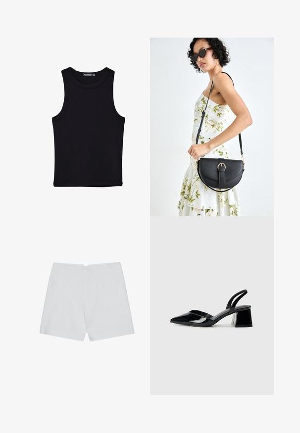 Musta hihaton paita, joka on valmistettu puuvillasta, ja jossa on pyöreä kaula-aukko sekä leveät kainaloaukot. Silkkinen pinta ja ommellut reunat. Klassinen, minimalistinen muotoilu.; Valkeat shortsit, joissa on räätälöity muotoilu, tasainen etuosa, kaksi sivutaskua ja siisti helma. Valmistettu sileästä kankaasta ilman näkyviä kuvioita.; Mustat patentoitu nahkakengät, joissa on säären takaosa ja terävä kärki, sekä geometrinen palikkakorko. Sisältää tyylikkään, minimalistisen muotoilun ja sileän pinnan.; Musta nahkainen käsilaukku, joka on kaareva muotoilultaan, irrotettavalla hihnalla ja kultaisilla yksityiskohdilla. Laukussa on läppä, jossa on solk yksityiskohta.