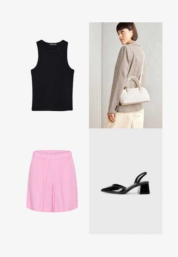 Crni top bez rukava od pamuka, s okruglim izrezom i širokim izrezima za ruke. Glatka tekstura s ušivenim rubovima. Klasičan, minimalistički dizajn.; Ružičaste pamučne kratke hlače s elastičnim pojasom, koje imaju opušteni kroj i glatku teksturu, prikladne za svakodnevno nošenje.; Crne lakirane kožne sandale s otvorenom petom i špicastim vrhom, s geometrijskom blok petom. Imaju elegantan, minimalistički dizajn i glatku teksturu.; Bijela strukturna torba s kratkim ručkama i remenom za rame, s zlatnim metalnim detaljima i teksturiranim materijalom, prikazana na sivoj pozadini.