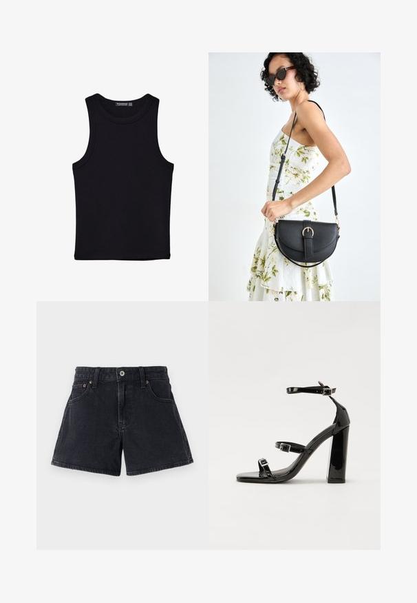 Musta hihaton paita, joka on valmistettu puuvillasta, ja jossa on pyöreä kaula-aukko sekä leveät kainaloaukot. Silkkinen pinta ja ommellut reunat. Klassinen, minimalistinen muotoilu.; Mustat farkkushortsit klassisella leikkauksella, viisi taskua, metallinen nappisulku ja sävyttävä ompelu. Kankaassa on hieman teksturoitu pinta.; Musta kiiltävä korkokenkä sandaalit neliönmuotoisella varpaalla, nilkkaremmillä ja hopeisilla soljilla. Varustettu tukevalla lohkokorkealla vakauden takaamiseksi.; Musta nahkainen käsilaukku, joka on kaareva muotoilultaan, irrotettavalla hihnalla ja kultaisilla yksityiskohdilla. Laukussa on läppä, jossa on solk yksityiskohta.