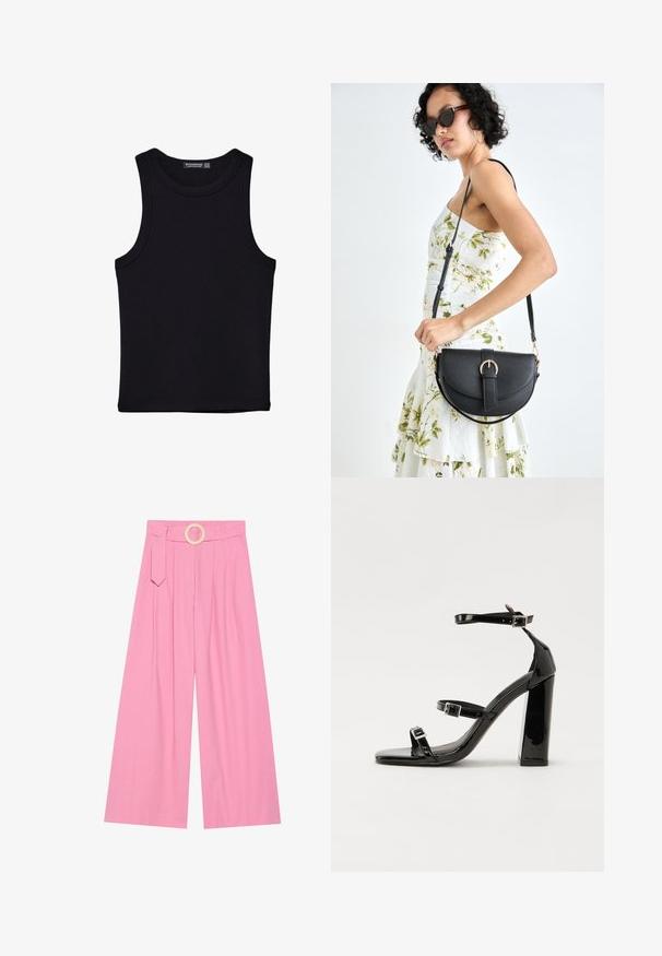 Crni top bez rukava od pamuka, s okruglim izrezom i širokim izrezima za ruke. Glatka tekstura s ušivenim rubovima. Klasičan, minimalistički dizajn.; Roze široke hlače s visokim strukom, s remenom s kružnom drvenom kopčom i nabranim detaljima za teksturu.; Crne lakirane sandale na visoku petu s dva remena s kopčama, kvadratnim vrhom i masivnom blok petom, s glatkom, sjajnom teksturom.; Crna kožna torba s lukovitim oblikom, odvojivim remenom i zlatnim detaljima. Torba ima preklop s kopčom.