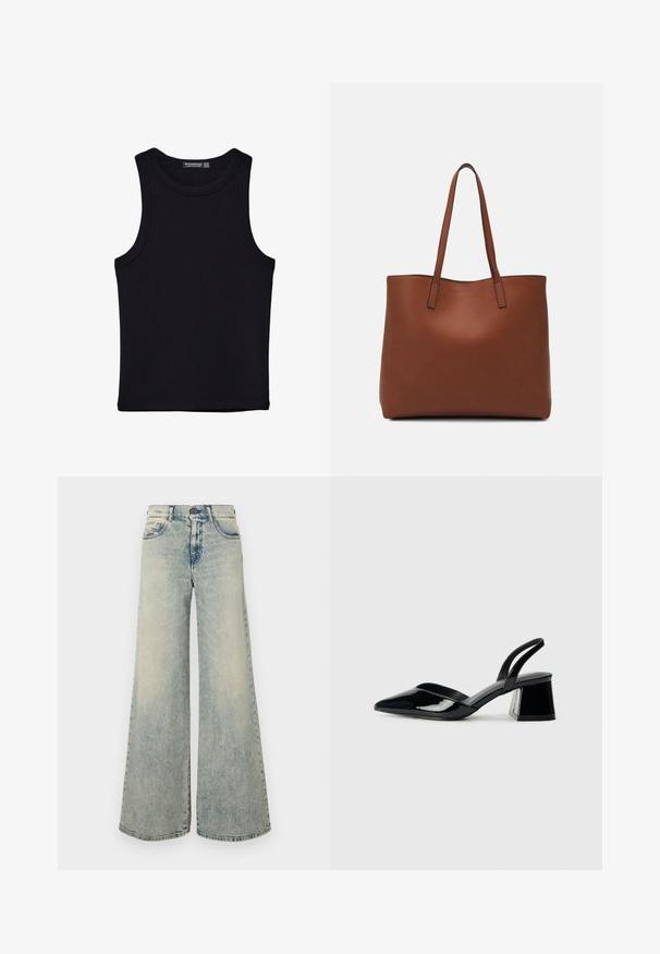 Čierny tank top vyrobený z bavlny, s okrúhlym výstrihom a širokými ramienkami. Hladká textúra so zošitými okrajmi. Klasický, minimalistický dizajn.; Svetlomodré široké nohavice, s vysokým pásom a zapínaním na gombík, s klasickým dizajnom piatich vreciek a subtílnou vyblednutou textúrou.; Čierne lakované kožené sandálové podpätky s špicatou špičkou a geometrickým blokovým podpätkom. Disponujú elegantným, minimalistickým dizajnom a hladkým povrchom.; Hnedá kožená taška na rameno s hladkou textúrou, otvoreným vrchom a dvoma ramenými popruhmi. Má minimálne šitia a žiadne viditeľné kovania.; Zlatý prsten s veľkým okrúhlym diamantovým stredovým kameňom, obklopeným menšími diamantmi na prsteni. Hladký prsten s jemnými kovanými nastaveniami.