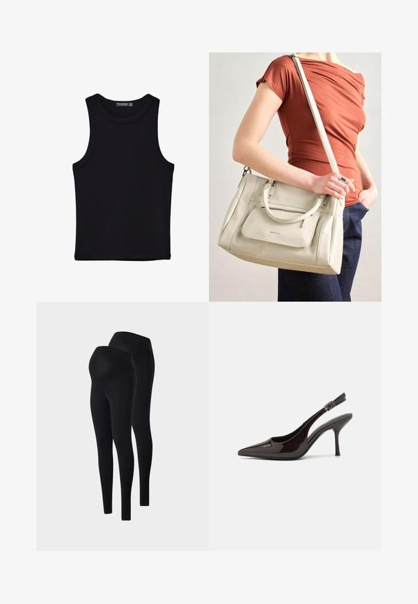 Svart linne i bomull, med rund halsringning och breda armhål. Slät yta med sydda fållar. Klassisk, minimalistisk design.; Svarta gravidleggings tillverkade av elastisk tyg. Har en hög, elastisk midja och en slät yta. Finns i ett paket om två.; Högklackad slingback-sko i blankt mörkbrunt lackläder, spetsig tå, öppna sidor och justerbart ankelsnöre.; Vitt läderhandtag med dubbla handtag och en avtagbar rem, med en framsidans dragkedjeficka och slät textur. Bärs på en persons arm.