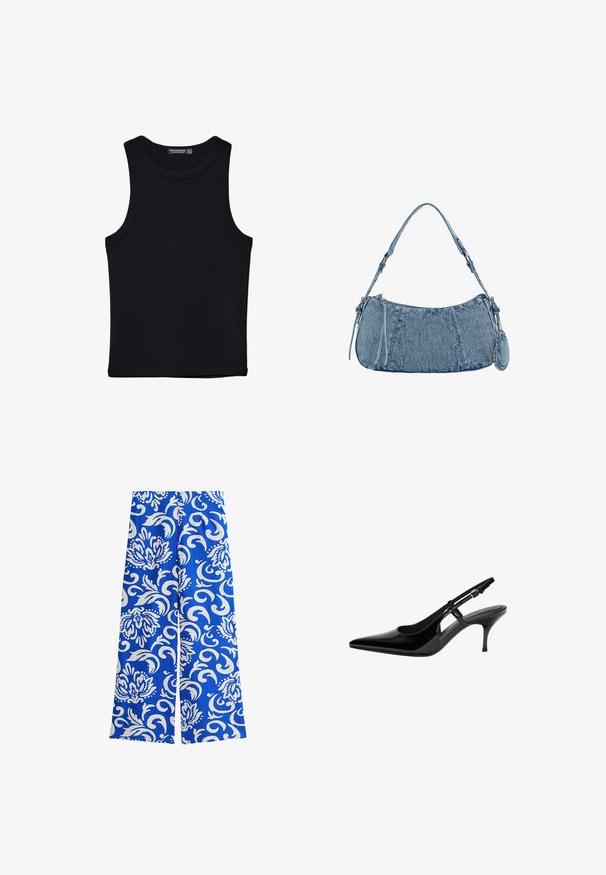 Zwarte tanktop gemaakt van katoen, met een ronde halslijn en brede armopeningen. Gladde textuur met gestikte zomen. Klassiek, minimalistisch ontwerp.; Blauwe wijde broek met een bloem- en swirls witte print, gemaakt van lichtgewicht stof met een gladde textuur en een losse pasvorm.; Zwarte gepatenteerde leren slingback pump met puntige neus, open zijuitsparingen, slanke hak en verstelbare enkelband.; Denim handtas met een gebogen vorm, lichtblauwe kleur, verstelbare schouderriem en een kleine afneembare pouch met metallic accenten.