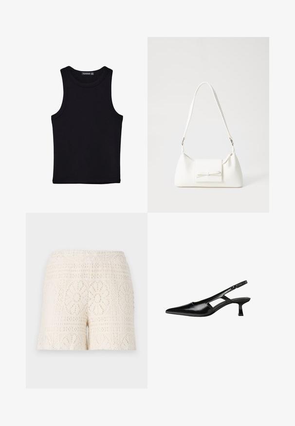 Crni top bez rukava od pamuka, s okruglim izrezom i širokim izrezima za ruke. Glatka tekstura s ušivenim rubovima. Klasičan, minimalistički dizajn.; Čipkaste kratke hlače u krem boji s kompleksnim cvjetnim uzorcima i elastičnom trakicom u struku, prikazujući teksturirani, otvoreni pleteni dizajn.; Crne lakirane natikače na remenčić sa špicastim nosom, dizajnom sa izrezima sa strane i malim kvadratnim potplatom. Glatka tekstura s minimalnim akcentima.; Bijela sintetička torbica s trokutastim oblikom, ravnim prednjim poklopcem i detaljem u obliku mašne, podesivom remenom, glatkom teksturom i minimalističkim dizajnom.