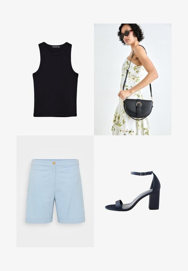 Črna majica brez rokavov iz bombaža, z okroglim izrezom in širokimi odprtinami za roke. Gladka tekstura s šivi na robovih. Klasičen, minimalističen dizajn.; Svetlo modri šorti iz mehkega, strukturiranega blaga. Imajo en leseni gumb na pasu in zavit rob.; Temno modre visoke sandale z gladko teksturo, širokim trakom prek prstov, trakom okoli gležnja in blok peto za stabilnost.; Črna usnjena torbica s ukrivljeno obliko, z odstranljivo naramnico in zlatimi dodatki. Torbica ima pokrov s podrobnostmi v obliki zaponke.