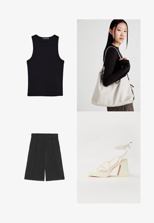 Musta hihaton paita, joka on valmistettu puuvillasta, ja jossa on pyöreä kaula-aukko sekä leveät kainaloaukot. Silkkinen pinta ja ommellut reunat. Klassinen, minimalistinen muotoilu.; Mustat pellavashortsit rentoa istuvuutta, jossa on tasainen etumus, kaksi sivutaskua ja nappikiinnitys vyötäröllä.; Valkoinen korkokenkä, jossa on paksu korko, ja joka sisältää nauhakiinnityksen ja nilkkaketjun. Sujuva pinta, jossa on platform-etupohja lisäkorkeutta varten.; Beige laukku, joka on valmistettu pehmeästä materiaalista, ja siinä on rento muotoilu, ommeltu yksityiskohtia ja kaksi olkahihnaa. Sopii päivittäiseen käyttöön.