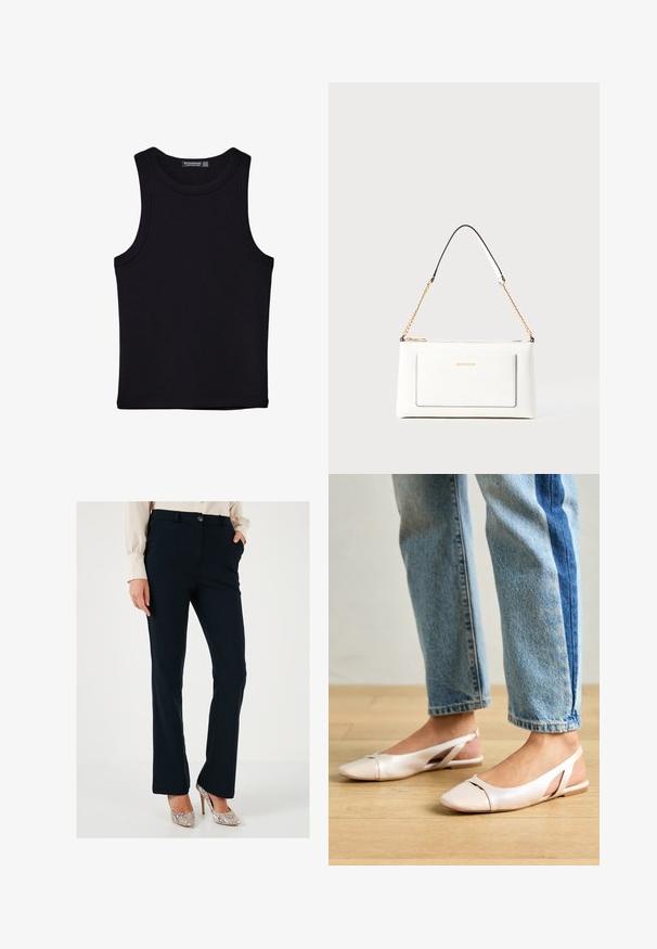 Čierny tank top vyrobený z bavlny, s okrúhlym výstrihom a širokými ramienkami. Hladká textúra so zošitými okrajmi. Klasický, minimalistický dizajn.; Námornícky modré upravené nohavice s hladkým povrchom, rovnými nohavicami, prednými sieťkami a zapínaním na gombík, v kombinácii s metalickými opätkami.; Svetloružové slingback baleríny s jemne špicatou špičkou, vyrobené z hladkého materiálu pripomínajúceho kožu. Majú výrezové detaily na stranách a plochý opätok.; Biele kožené kabelka s textúrovaným povrchom, ktorá má zlatý retiazkový popruh a čierne akcenty. Obsahuje prednú kapsu a zipsové zapínanie.