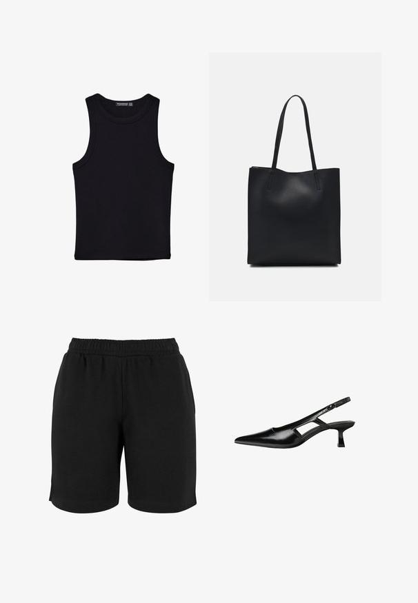 Svart linne i bomull, med rund halsringning och breda armhål. Slät yta med sydda fållar. Klassisk, minimalistisk design.; Svarta bomullsshorts med elastisk midja, med en slät textur och enkel stil. Inga fickor eller utsmyckningar syns.; Svart lackläder slingback-klackar med spetsig tå, utskuren sidor och en liten fyrkantig klack. Slät textur med minimala accenter.; Svart lädertoffelväska med slät textur, rektangulär form och två långa handtag. Ingen synlig hårdvara eller dekorationer.