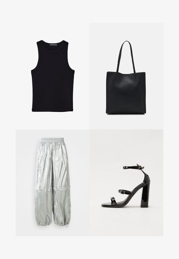 Črna majica brez rokavov iz bombaža, z okroglim izrezom in širokimi odprtinami za roke. Gladka tekstura s šivi na robovih. Klasičen, minimalističen dizajn.; Svetlo sive lahke cargo hlače z sijočo teksturo, elastičnim pasom, nabranimi manšetami in dvema velikima sprednjima žepoma.; Črne lakaste sandale z visokimi petami, z dvema trakovoma z zaponkama, kvadratnim sprednjim delom in masivno širšo peto, z gladko, sijočo teksturo.; Črna usnjena torba s svilnato teksturo, pravokotne oblike in dvema dolgima ročajema. Brez vidnih metalnih delov ali okrasnih elementov.