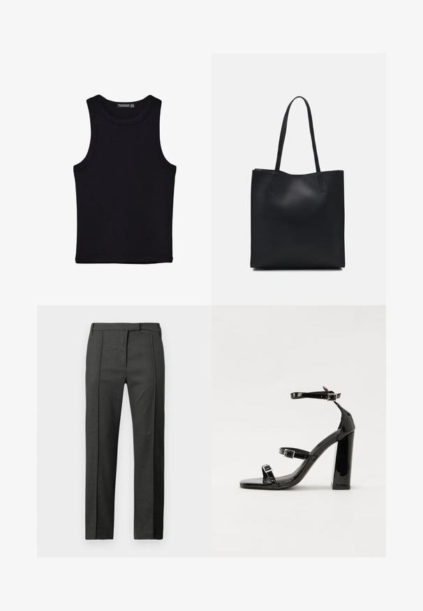 Sort tank top lavet af bomuld, med rund halsudskæring og brede armhuller. Glat tekstur med syede kanter. Klassisk, minimalistisk design.; Mørk grå skræddersyede bukser med pressefold foran, bæltestropper og skjult lukning fortil, præsenteret mod en hvid baggrund.; Sorte patenterede hælsandaler med firkantet tå, ankelremme og sølvspænder. Har en chunky blokHæl for stabilitet.; Sort læder tote taske med glat tekstur, rektangulær form og to lange hanke. Ingen synlig hardware eller udsmykninger.