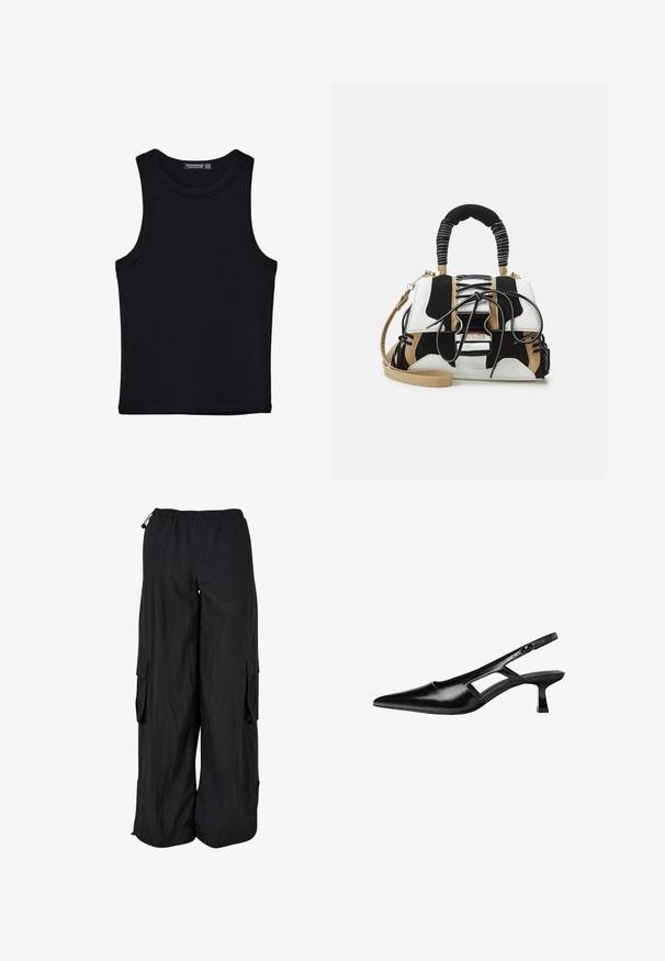 Čierny tank top vyrobený z bavlny, s okrúhlym výstrihom a širokými ramienkami. Hladká textúra so zošitými okrajmi. Klasický, minimalistický dizajn.; Čierne cargo nohavice s elastickým pásom, voľný strih, ľahký materiál, bočné vrecká a jemne textúrovaný povrch.; Čierne lakované kožené lodičky na podpätku s špicatou špičkou, výrezovým dizajnom na boku a malým štvorcovým podpätkom. Hladký povrch s minimálnymi akcentmi.; Mnohofarebná taška cez rameno s čiernou, bielou a béžovou sieťou. Obsahuje štruktúrovanú rukoväť, dizajn so šnurovaním a odnímateľný ramenný popruh.