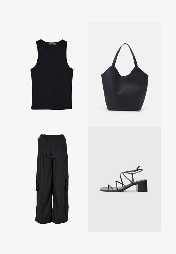 Czarny top na ramionczkach wykonany z bawełny, z okrągłym dekoltem i szerokimi wycięciami na ramionach. Gładka tekstura z przeszytymi brzegami. Klasyczny, minimalistyczny design.; Czarne spodnie cargo z elastycznym pasem, luźny krój, lekką tkaniną, kieszeniami bocznymi oraz subtelnym, teksturowanym wykończeniem.; Czarne sandały na obcasie z kwadratowym noskiem, wykonane z gładkiego materiału. Mają regulowane paski na kostce oraz minimalne elementy ozdobne.; Czarna torba na ramię wykonana z gładkiej skóry, z zaokrąglonym, otwartym topem i dwoma paskami na ramię oraz minimalistycznym designem.