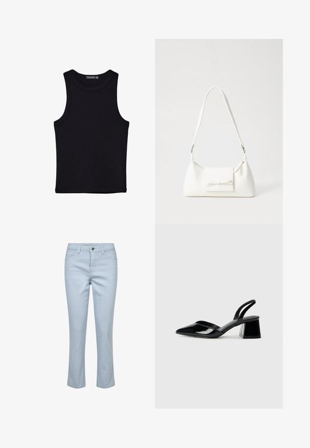 Schwarzes Tanktop aus Baumwolle mit rundem Halsausschnitt und weiten Armöffnungen. Glatte Textur mit genähten Säumen. Klassisches, minimalistisches Design.; Helle blaue Denim-Hosen mit einem klassischen Fünf-Taschen-Design, geradem Schnitt und Reißverschluss mit Knopfverschluss.; Schwarze Lackleder-Slingback-High Heels mit spitzem Schuh und einem geometrischen Blockabsatz. Verfügt über ein schlankes, minimalistisches Design und eine glatte Textur.; Weiße synthetische Handtasche in dreieckiger Form, flache Vorderklappe und Schleifendetail, verstellbarer Trageriemen, glatte Textur und minimalistisches Design.