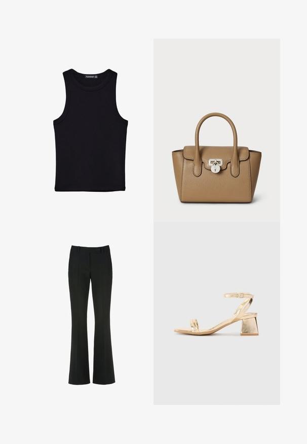 Čierny tank top vyrobený z bavlny, s okrúhlym výstrihom a širokými ramienkami. Hladká textúra so zošitými okrajmi. Klasický, minimalistický dizajn.; Čierne nohavice s rozšírenými nohavicami, vyrobené z hladkej tkaniny, s predným zapínaním na gombík a jemným prešívaným záhybom.; Zlaté metalické sandále na podpätku s uhlovým blokovým podpätkom, dvoma pásikmi cez nohu a nastaviteľným pásikom okolo členka. Hladká textúra.; Lauren Ralph Lauren PEBBLED LEATHER SMALL TANNER SATCHEL - Kabelka - camel