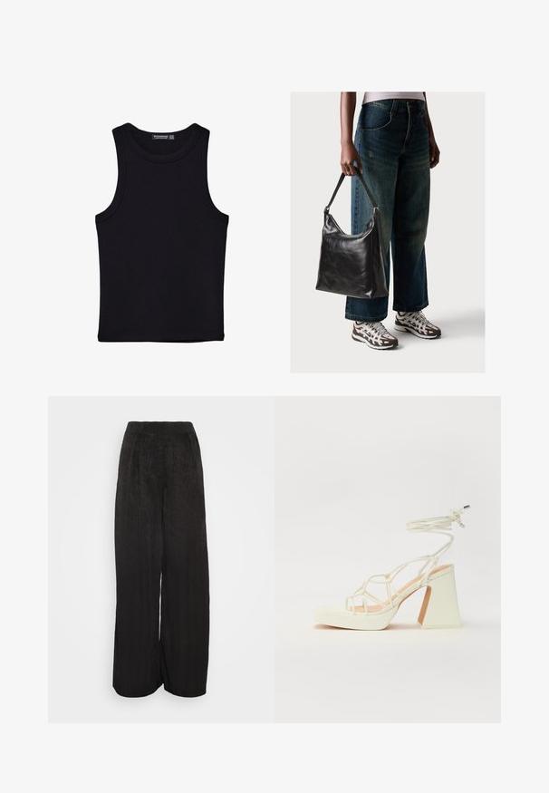 Zwarte tanktop gemaakt van katoen, met een ronde halslijn en brede armopeningen. Gladde textuur met gestikte zomen. Klassiek, minimalistisch ontwerp.; Zwarte wijde broekspijpen van een gestructureerd materiaal, met een elastische tailleband en een losse, vloeiende pasvorm.; Witte hoge hakken sandaal met een chunky hak, met een bandjesontwerp en enkelband. Gladde textuur met een plateau voor extra hoogte.; Zwarte leren schoudertas met een gladde textuur en een verstelbare strap, gecombineerd met vervaagde wijde jeans en sportieve sneakers.
