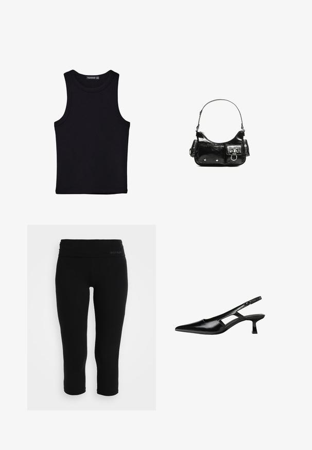 Černý top na ramínka vyrobený z bavlny, s kulatým výstřihem a širokými průramky. Hladká textura s prošitými lemy. Klasický, minimalistický design.; Černé capri legíny vyrobené z elastického materiálu. Mají široký pás s jemným brandingem. Hladký povrch a přiléhavý design.; Černé lakované lodičky na podpatku se špičatou špičkou, výřezovým designem na boku a malým čtvercovým podpatkem. Hladká textura s minimálními akcenty.; Černá lakovaná kožená kabelka s křivkovým tvarem, jedním ramenním popruhem, předními kapsami a stříbrnými kovovými detaily.
