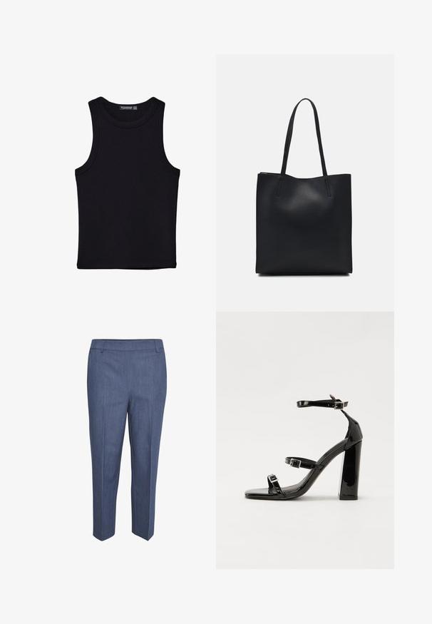 Musta hihaton paita, joka on valmistettu puuvillasta, ja jossa on pyöreä kaula-aukko sekä leveät kainaloaukot. Silkkinen pinta ja ommellut reunat. Klassinen, minimalistinen muotoilu.; Räätälöidyt housut tummansinisestä kankaasta, jossa on hienovarainen rakenne. Ominaisuuksiin kuuluu tasainen etuosa, suorat lahkeet ja keskimääräinen vyötärö. Ei näkyviä taskuja.; Musta kiiltävä korkokenkä sandaalit neliönmuotoisella varpaalla, nilkkaremmillä ja hopeisilla soljilla. Varustettu tukevalla lohkokorkealla vakauden takaamiseksi.; Mustapahkainen kangaskassi, jossa on sileä pinta, suorakaiteen muotoinen ja kaksi pitkää kahvaa. Ei näkyvää metalliosaa tai koristeita.