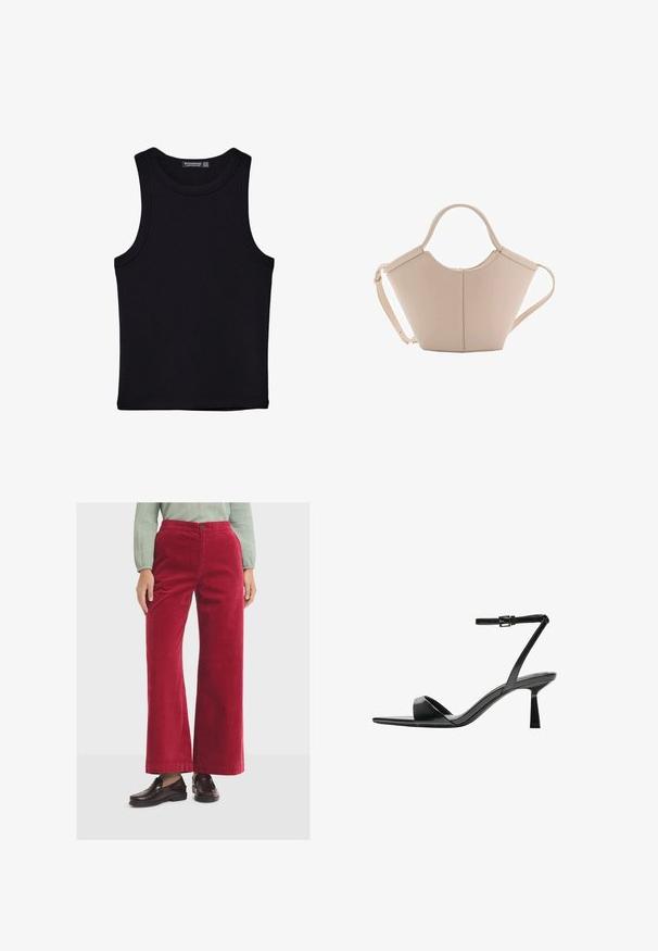 Černý top na ramínka vyrobený z bavlny, s kulatým výstřihem a širokými průramky. Hladká textura s prošitými lemy. Klasický, minimalistický design.; Červené kordové kalhoty širokého střihu s hladkým povrchem, s předním zapínáním na knoflík a vysokým pasem. V kombinaci s tmavými mokasíny.; Bershka Sandály na vysokém podpatku - black; Beige kožená kabelka s jedinečným tvarem, vybavená dvěma krátkými uchy a dlouhým nastavitelným popruhem. Hladká textura s minimem kovových doplňků.