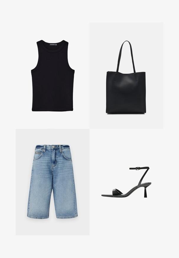 Crni top bez rukava od pamuka, s okruglim izrezom i širokim izrezima za ruke. Glatka tekstura s ušivenim rubovima. Klasičan, minimalistički dizajn.; BDG Urban Outfitters LOGAN - Kratke hlače od trapera - light vintage; Bershka Sandale s visokom petom - black; Crna kožna torba za nošenje s glatkom teksturom, pravokutnim oblikom i dvije duge ručke. Nema vidljivih metalnih dijelova ili ukrasa.