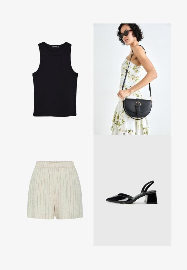 Canotta nera in cotone, caratterizzata da un colletto rotondo e ampi giromanica. Texture liscia con orli cuciti. Design classico e minimalista.; Shorts in lino di un leggero beige con righe blu verticali, dotati di una cintura elastica e una vestibilità comoda. Texture liscia, design semplice.; Décolleté in vernice nera con punta affusolata e tacco in geometria cubica. Presentano un design elegante e minimalista, con una texture liscia.; Borsa a tracolla nera in pelle con una forma curva, manico rimovibile e accessori dorati. La borsa presenta una patta con un dettaglio a fibbia.