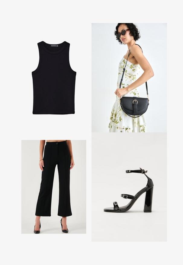 Schwarzes Tanktop aus Baumwolle mit rundem Halsausschnitt und weiten Armöffnungen. Glatte Textur mit genähten Säumen. Klassisches, minimalistisches Design.; Schwarze weit geschnittene Hose mit hoher Taille, vorderem Knopfverschluss und gesteppten Details. Hergestellt aus einem glatten, strukturierten Stoff.; Schwarze Lackleder-Sandalen mit hohen Absätzen, zwei Riemen mit Schnallen, quadratischer Zehenpartie und klobigem Blockabsatz, mit einer glatten, glänzenden Textur.; Schwarze Lederhandtasche mit geschwungener Form, abnehmbarem Tragegurt und goldenen Beschlägen. Die Tasche verfügt über einen Deckel mit einer Schnallen-Details.