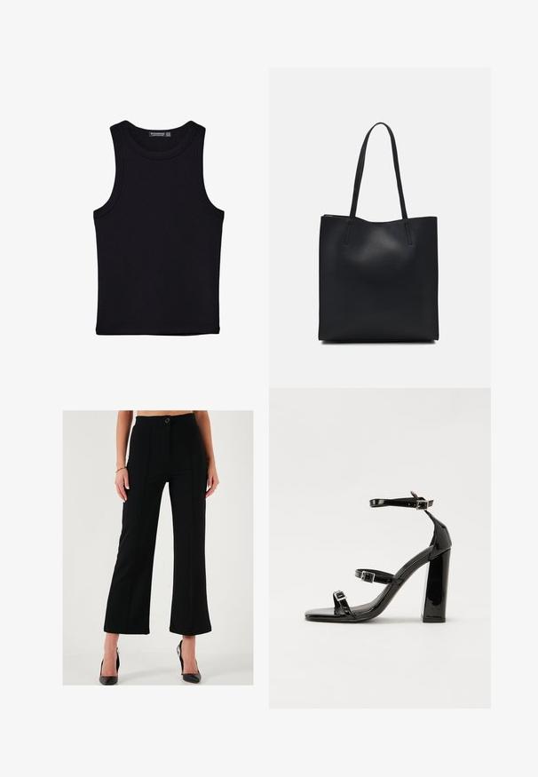 Sort tank top lavet af bomuld, med rund halsudskæring og brede armhuller. Glat tekstur med syede kanter. Klassisk, minimalistisk design.; Sorte bredbenede bukser med høj talje, frontknaplukning og sømdetaljer. Fremstillet af et glat, struktureret stof.; Sorte laklædersandaler med høje hæle, to spænderemme, firkantet tå og en kraftig blokhæl, der har en glat, blank overflade.; Sort læder tote taske med glat tekstur, rektangulær form og to lange hanke. Ingen synlig hardware eller udsmykninger.
