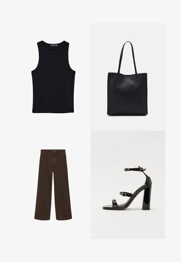 Sort tank top lavet af bomuld, med rund halsudskæring og brede armhuller. Glat tekstur med syede kanter. Klassisk, minimalistisk design.; Brune brede bukser lavet af bomuldsstof. Har en høj talje, lynlås foran og diskret sømdetalje fortil. Ingen synlige lommer.; Sorte laklædersandaler med høje hæle, to spænderemme, firkantet tå og en kraftig blokhæl, der har en glat, blank overflade.; Sort læder tote taske med glat tekstur, rektangulær form og to lange hanke. Ingen synlig hardware eller udsmykninger.